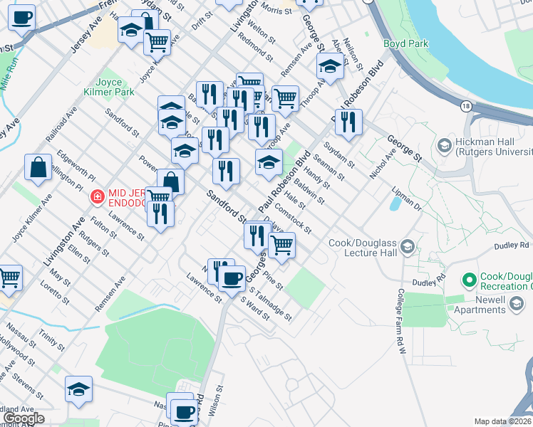 map of restaurants, bars, coffee shops, grocery stores, and more near 232 Commercial Avenue in New Brunswick
