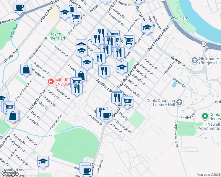 map of restaurants, bars, coffee shops, grocery stores, and more near 23 Delavan Street in New Brunswick