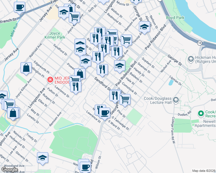 map of restaurants, bars, coffee shops, grocery stores, and more near 23 Delavan Street in New Brunswick