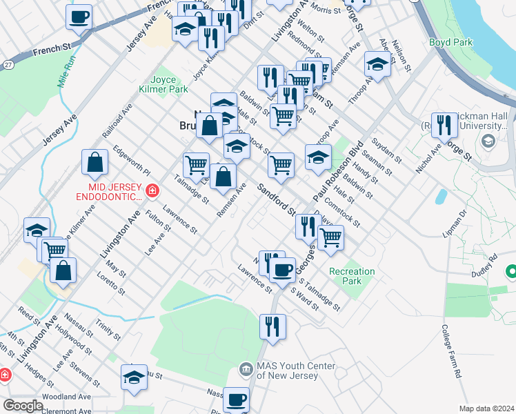 map of restaurants, bars, coffee shops, grocery stores, and more near 120 Sandford Street in New Brunswick