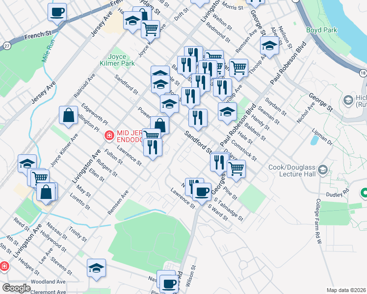 map of restaurants, bars, coffee shops, grocery stores, and more near 120 Sandford Street in New Brunswick