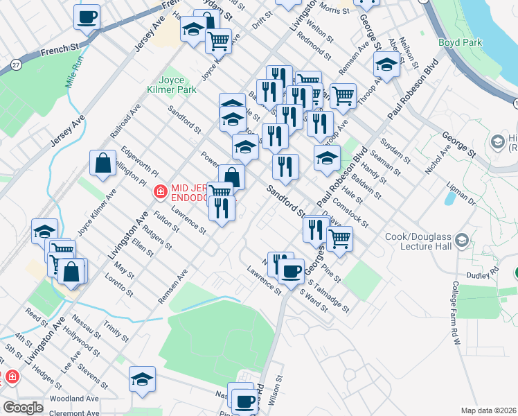 map of restaurants, bars, coffee shops, grocery stores, and more near 7 Crescent Court in New Brunswick