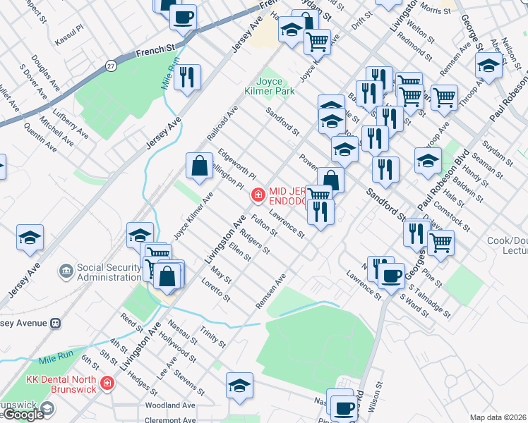 map of restaurants, bars, coffee shops, grocery stores, and more near 209 Lawrence Street in New Brunswick