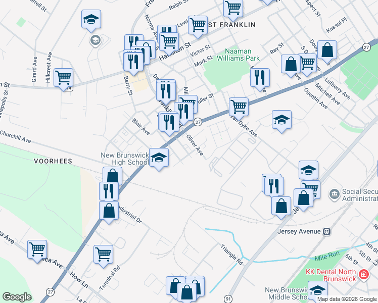 map of restaurants, bars, coffee shops, grocery stores, and more near 24 Henry Avenue in New Brunswick