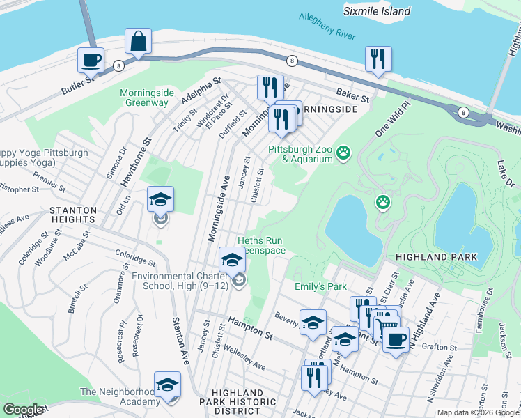 map of restaurants, bars, coffee shops, grocery stores, and more near 1440 Chislett Street in Pittsburgh