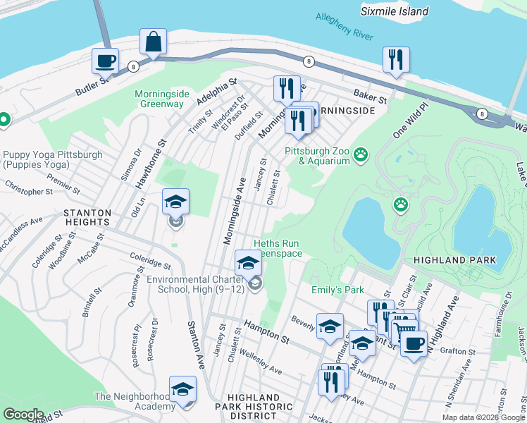map of restaurants, bars, coffee shops, grocery stores, and more near 1440 Chislett Street in Pittsburgh