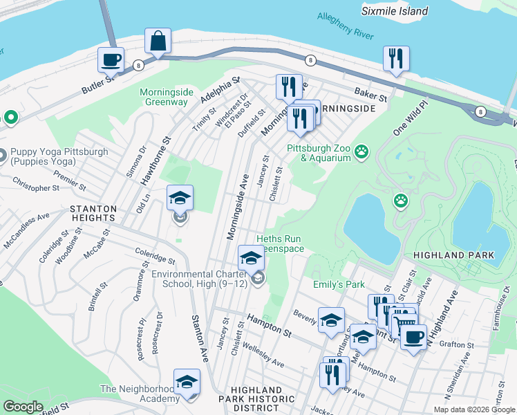 map of restaurants, bars, coffee shops, grocery stores, and more near 1433 Jancey Street in Pittsburgh