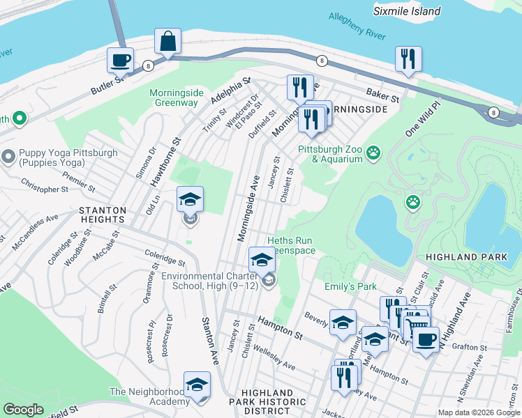map of restaurants, bars, coffee shops, grocery stores, and more near 1433 Jancey Street in Pittsburgh