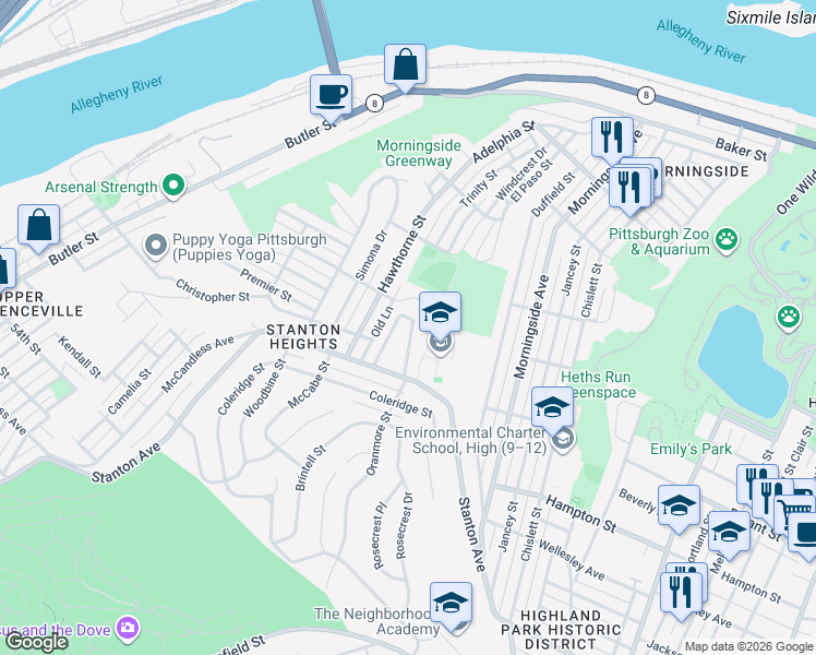 map of restaurants, bars, coffee shops, grocery stores, and more near 134 Stanton Court West in Pittsburgh