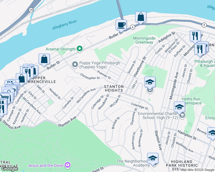 map of restaurants, bars, coffee shops, grocery stores, and more near in Pittsburgh