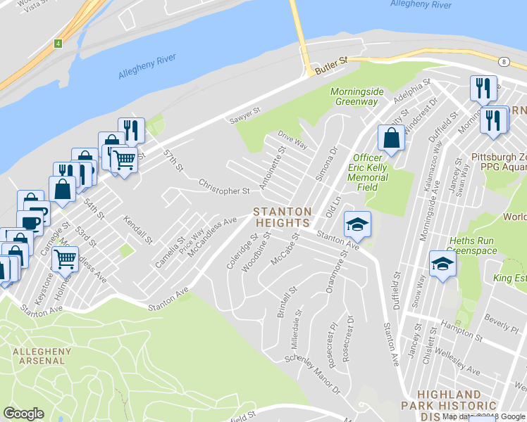 map of restaurants, bars, coffee shops, grocery stores, and more near in Pittsburgh