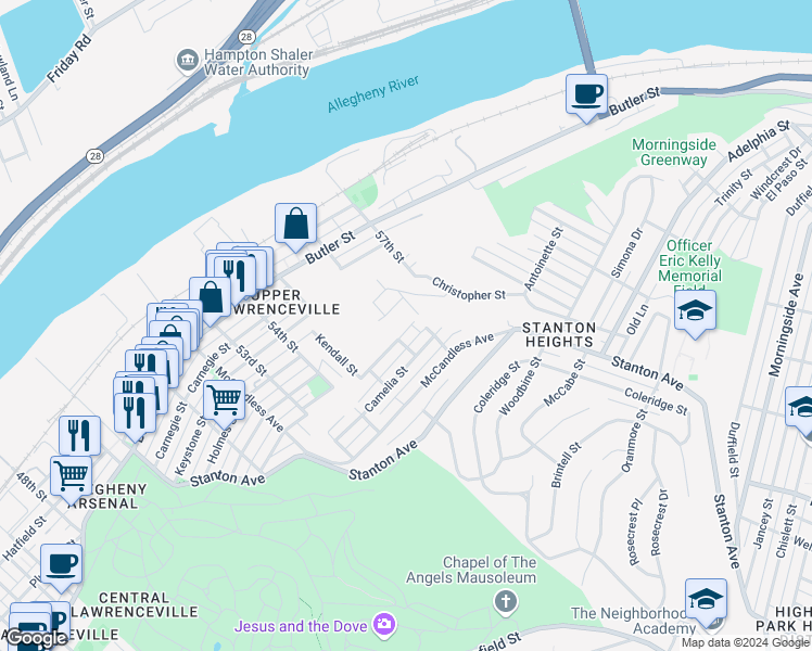 map of restaurants, bars, coffee shops, grocery stores, and more near 5603 Celadine Street in Pittsburgh