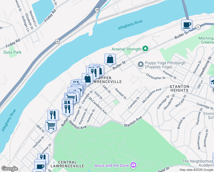 map of restaurants, bars, coffee shops, grocery stores, and more near 5400 Natrona Way in Pittsburgh