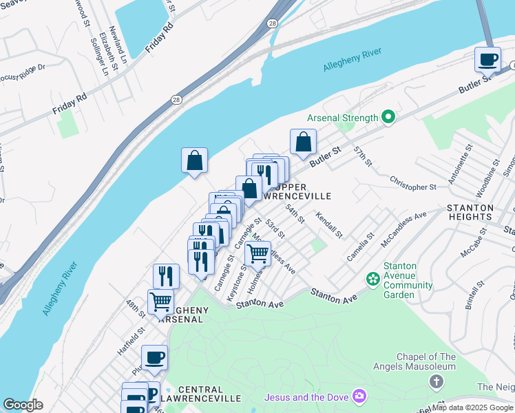 map of restaurants, bars, coffee shops, grocery stores, and more near 5313 Carnegie Street in Pittsburgh