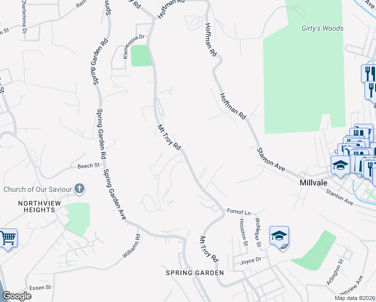 map of restaurants, bars, coffee shops, grocery stores, and more near 3106 Mount Troy Road in Pittsburgh