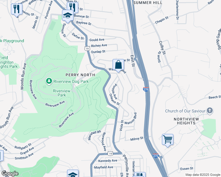 map of restaurants, bars, coffee shops, grocery stores, and more near 3401 Portola Street in Pittsburgh