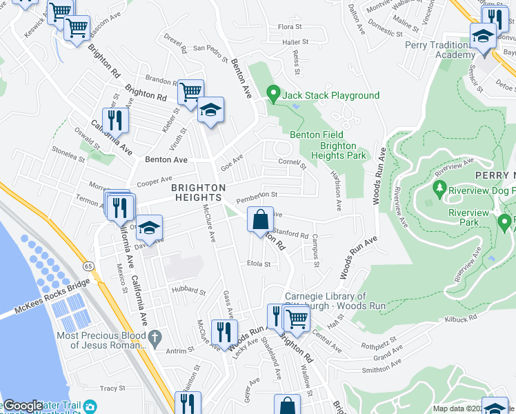 map of restaurants, bars, coffee shops, grocery stores, and more near 1156 Davis Avenue in Pittsburgh