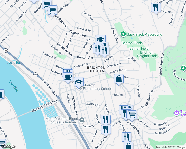 map of restaurants, bars, coffee shops, grocery stores, and more near 1420 Orchlee Street in Pittsburgh