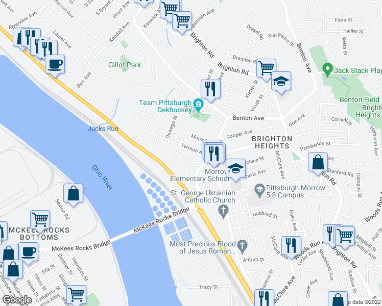 map of restaurants, bars, coffee shops, grocery stores, and more near 1805 Termon Avenue in Pittsburgh