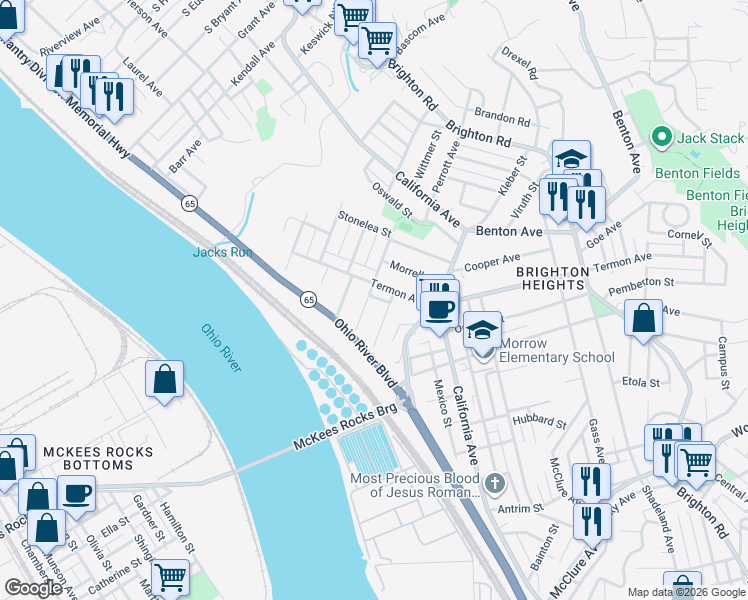 map of restaurants, bars, coffee shops, grocery stores, and more near 3742 Hiawatha Street in Pittsburgh