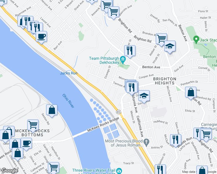 map of restaurants, bars, coffee shops, grocery stores, and more near 3742 Hiawatha Street in Pittsburgh