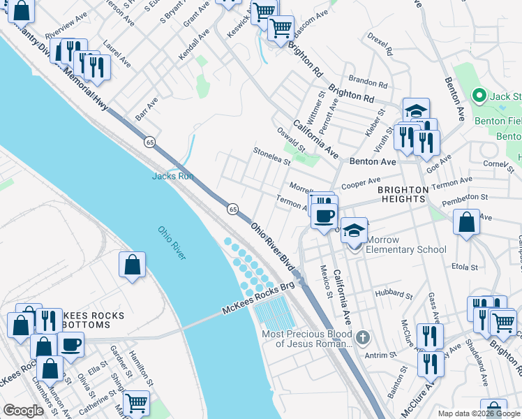 map of restaurants, bars, coffee shops, grocery stores, and more near 3719 Millerton Avenue in Pittsburgh