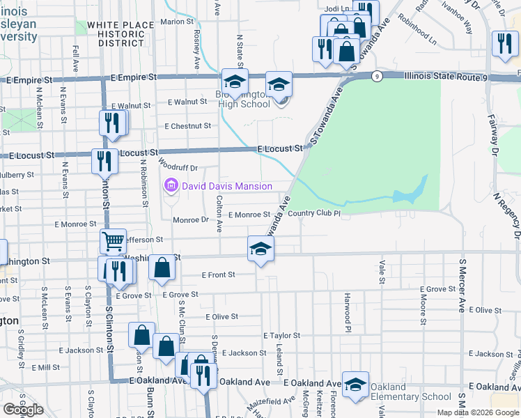 map of restaurants, bars, coffee shops, grocery stores, and more near 1114 East Monroe Street in Bloomington
