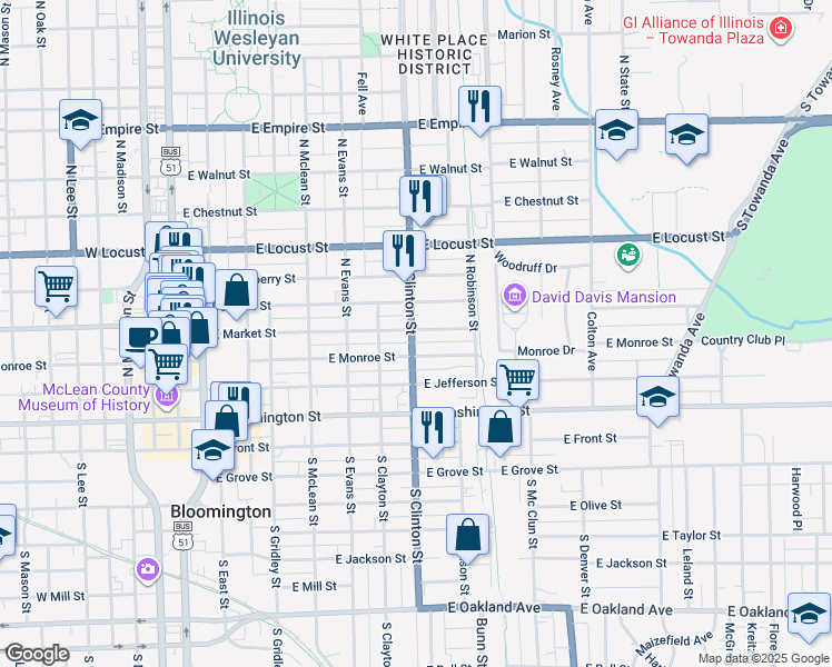 map of restaurants, bars, coffee shops, grocery stores, and more near 407 North Clinton Street in Bloomington