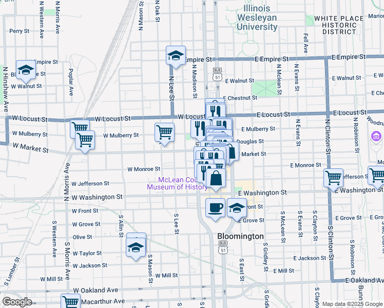 map of restaurants, bars, coffee shops, grocery stores, and more near 409 North Roosevelt Avenue in Bloomington