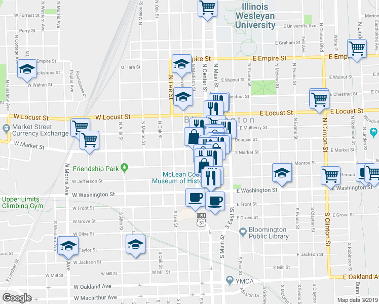 map of restaurants, bars, coffee shops, grocery stores, and more near 409 North Roosevelt Avenue in Bloomington
