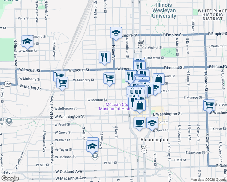 map of restaurants, bars, coffee shops, grocery stores, and more near in Bloomington