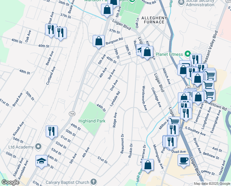 map of restaurants, bars, coffee shops, grocery stores, and more near 4120 Lyndale Road in Altoona