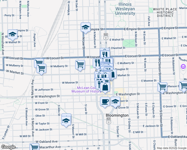 map of restaurants, bars, coffee shops, grocery stores, and more near 409 North Roosevelt Avenue in Bloomington
