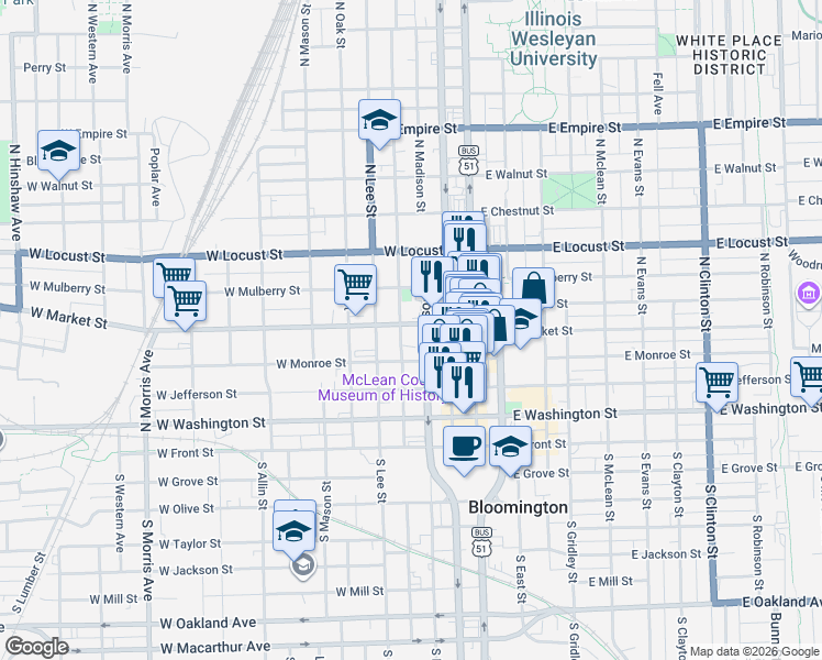 map of restaurants, bars, coffee shops, grocery stores, and more near 409 North Roosevelt Avenue in Bloomington