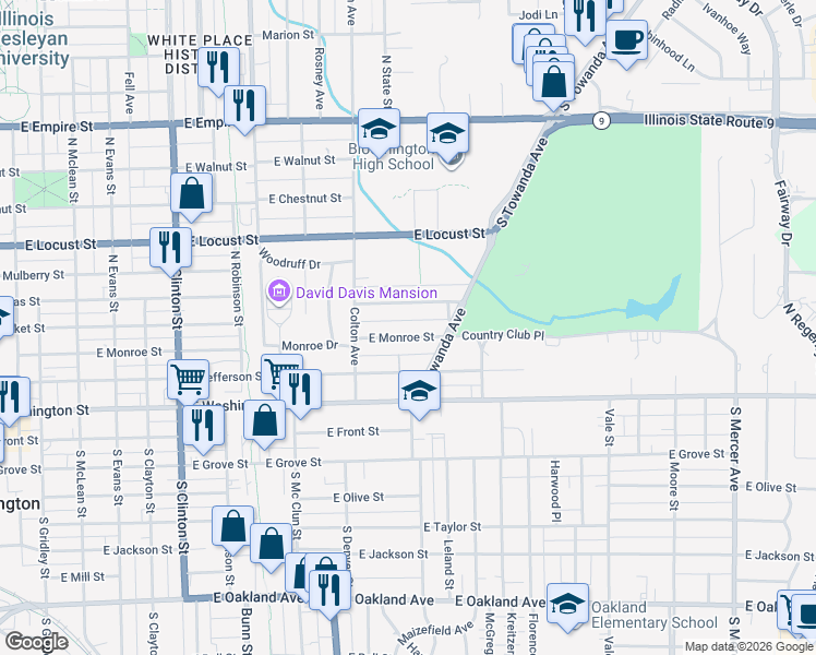 map of restaurants, bars, coffee shops, grocery stores, and more near 1114 E Monroe St in Bloomington