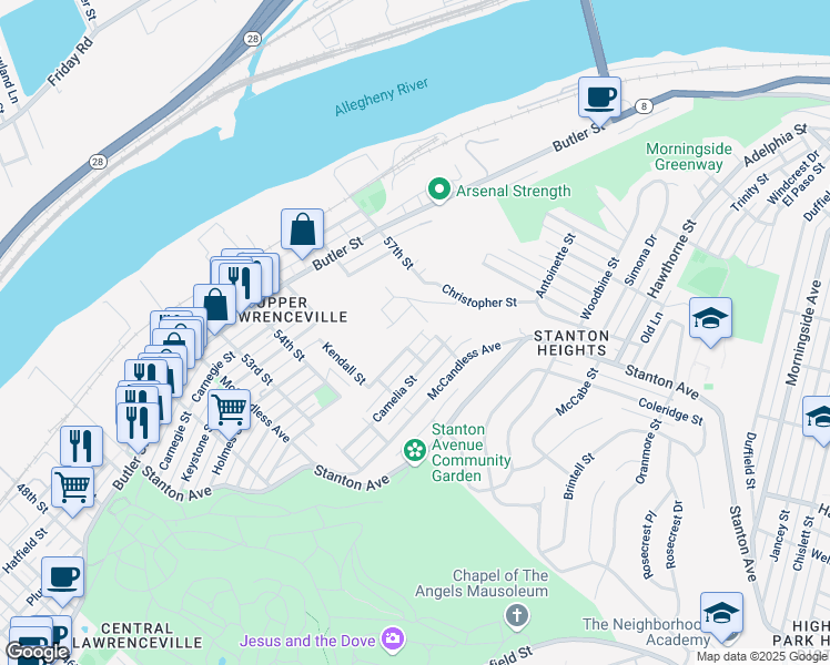 map of restaurants, bars, coffee shops, grocery stores, and more near 5609 Celadine Street in Pittsburgh