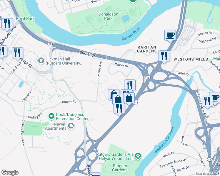 map of restaurants, bars, coffee shops, grocery stores, and more near 323 Lyla Lane in New Brunswick