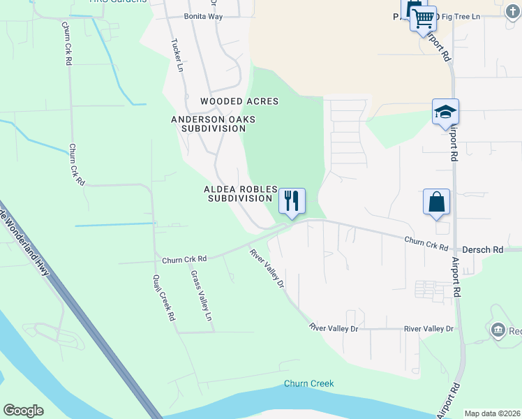 map of restaurants, bars, coffee shops, grocery stores, and more near 6657 Riata Dr in Redding