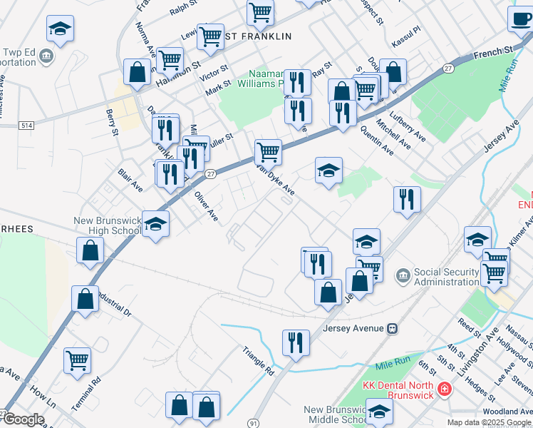 map of restaurants, bars, coffee shops, grocery stores, and more near 412 Edpas Road in New Brunswick