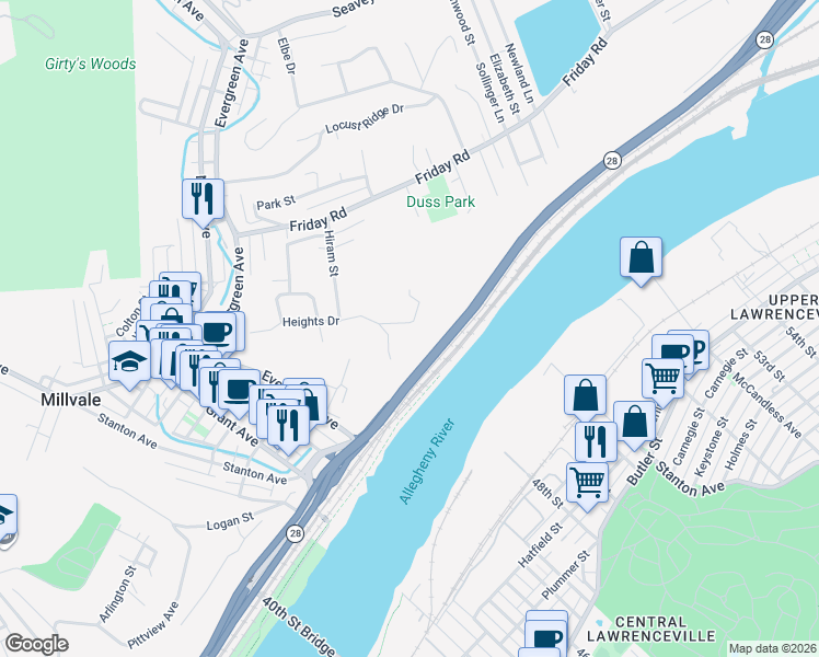 map of restaurants, bars, coffee shops, grocery stores, and more near 407 Heights Drive in Pittsburgh