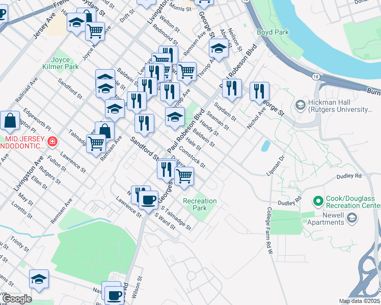 map of restaurants, bars, coffee shops, grocery stores, and more near 49 Comstock Street in New Brunswick