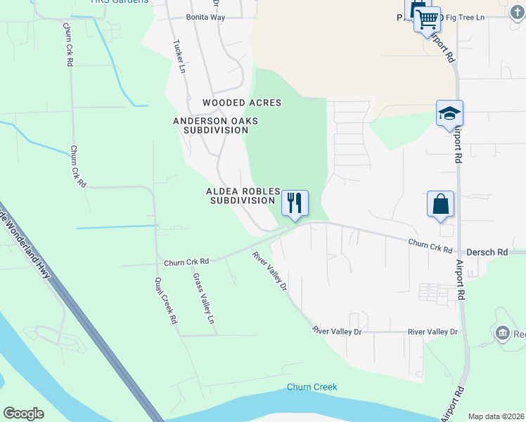 map of restaurants, bars, coffee shops, grocery stores, and more near 6657 Riata Dr in Redding
