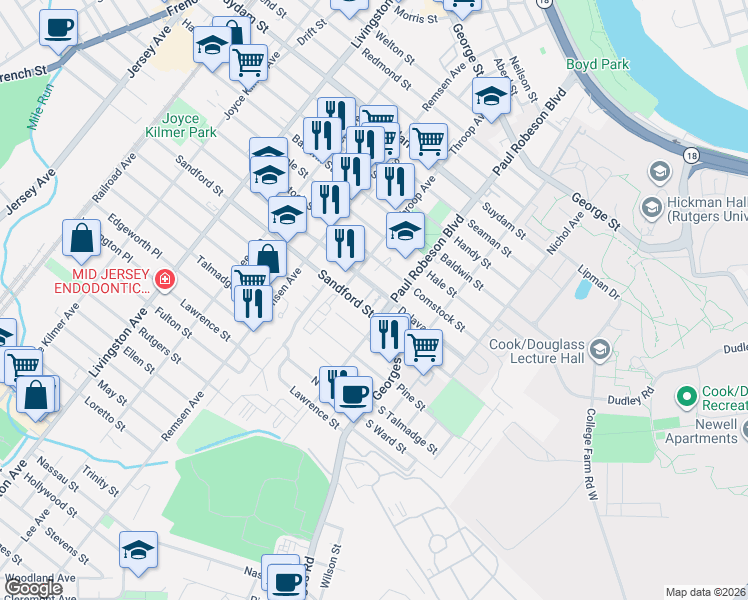 map of restaurants, bars, coffee shops, grocery stores, and more near 23 Delavan Street in New Brunswick