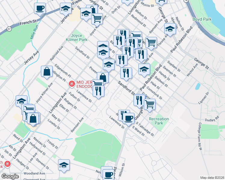 map of restaurants, bars, coffee shops, grocery stores, and more near 7 Crescent Court in New Brunswick