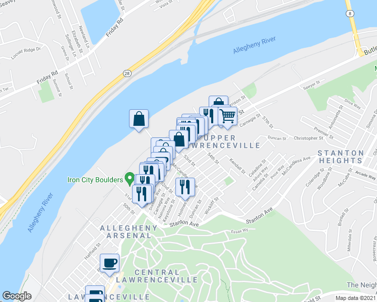 map of restaurants, bars, coffee shops, grocery stores, and more near 5313 Carnegie Street in Pittsburgh