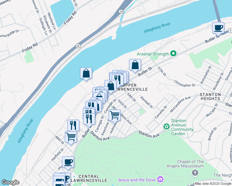 map of restaurants, bars, coffee shops, grocery stores, and more near 5313 Carnegie Street in Pittsburgh