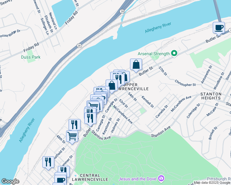 map of restaurants, bars, coffee shops, grocery stores, and more near 5313 Carnegie Street in Pittsburgh