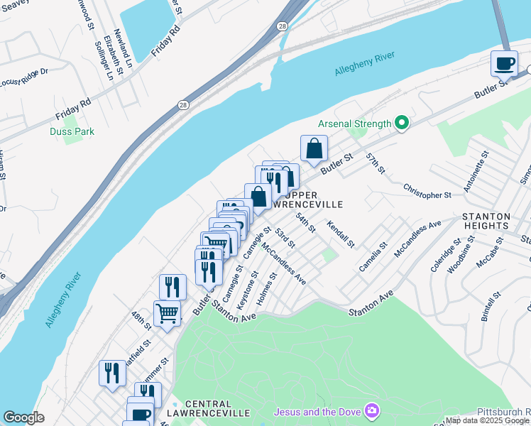 map of restaurants, bars, coffee shops, grocery stores, and more near 5313 Carnegie Street in Pittsburgh