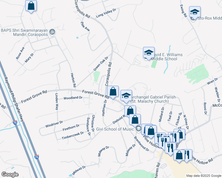 map of restaurants, bars, coffee shops, grocery stores, and more near 15 Utz Lane in Coraopolis