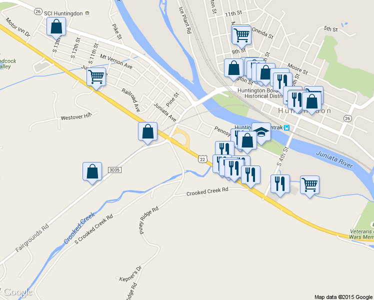map of restaurants, bars, coffee shops, grocery stores, and more near William Penn Highway in Huntingdon